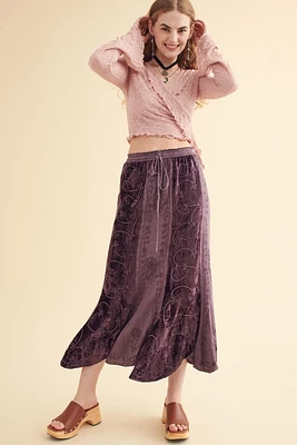 Purple Embroidered Velvet Panel Maxi Skirt