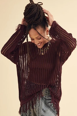 Plum Open Knit Fringe Sweater