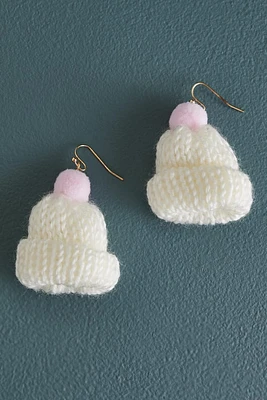 White Knit Beanie Hat Earrings