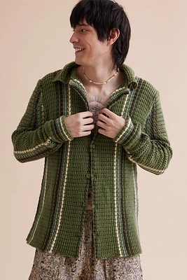 Olive Striped Crochet Long Sleeve Shirt
