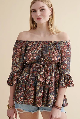 Crimson Garden Off Shoulder Peasant Shirt