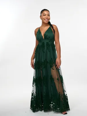 Flocked Tulle Plunge Maxi Dress