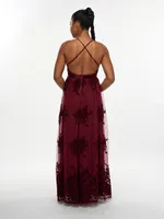 Flocked Tulle Plunge Maxi Dress