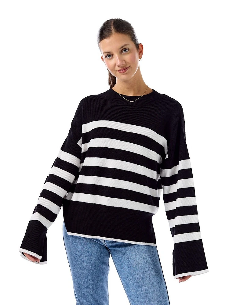 Stripe Wide Sleeve Crew Sweater