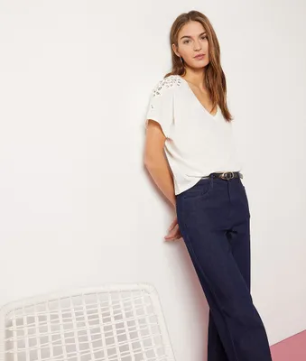T-shirt manches courtes 100% coton - Pastoa - - Ecru - Femme
