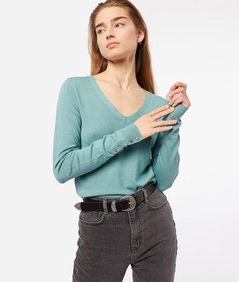 Pull col v en maille fine - Addison - - Bleu Pale - Femme