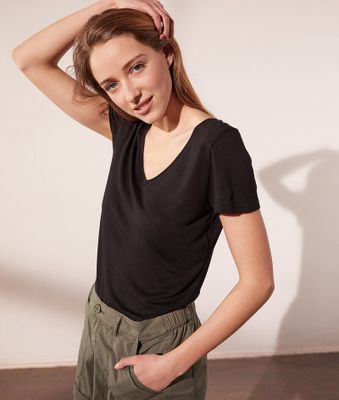 T-shirt col v - Paul - S - Noir - Femme - Etam