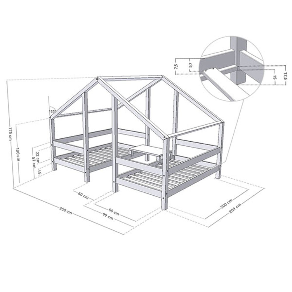 Cama Casita de Madera para Dos VILLY aceite transparente