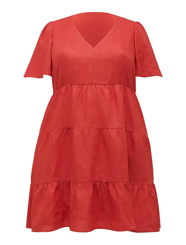 Serena Curve Linen Flutter-Sleeve Mini Dress in Red - Size 12 to 20 - Women's Plus Size Mini Dresses