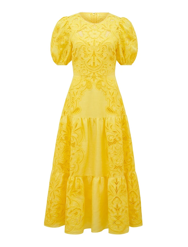 Lottie Broderie Midi Dress Yellow - 0 to 12 Women's Dresses