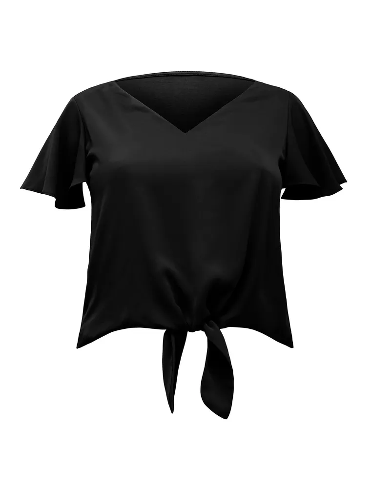 Hayley Curve Flutter-Sleeve Tie Top Black - 12 to 20 Women's Plus Casual Tops