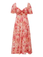 Quinni Twist-Front Midi Dress in Coral Floral Print - Size 0 to 12 - Women's Midi Dresses