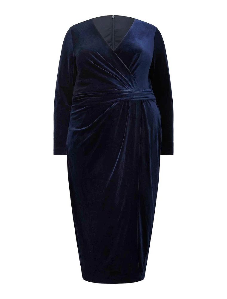 Julianne Curve Wrap Velvet Midi Dress Navy - 12 to 20 Women's Plus Event Dresses