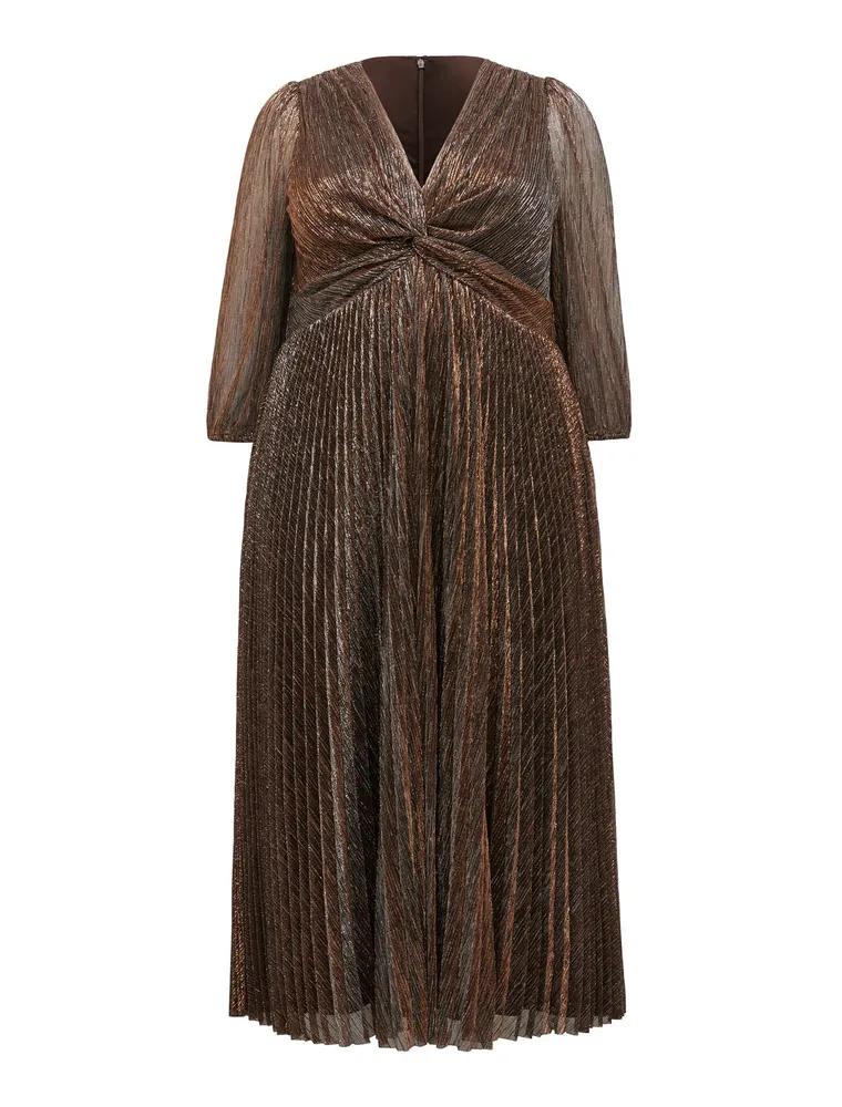 Myra Curve Plisse Twist Midi Dress Bronze/Brown - 12 to 20 Women's Plus Occasion Dresses