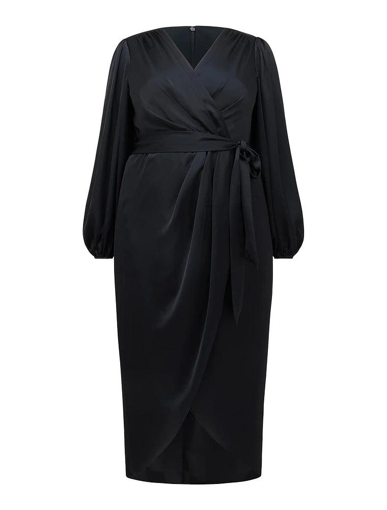 Leia Curve Wrap Satin Midi Dress Navy - 12 to 20 Women's Plus Event Dresses