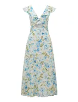 Lara Petite Linen Ruffle Midi Dress Blue Floral Print - 0 to 12 Women's Dresses