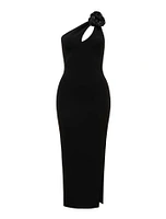 Petal One-Shoulder Rosette Midi Dress in Black - Size 0 to 12 - Women's Event Dresses