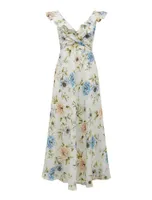 Flora Ruffle Midi Dress in White Floral Print - Size 0 to 12 - Women's Midi Dresses