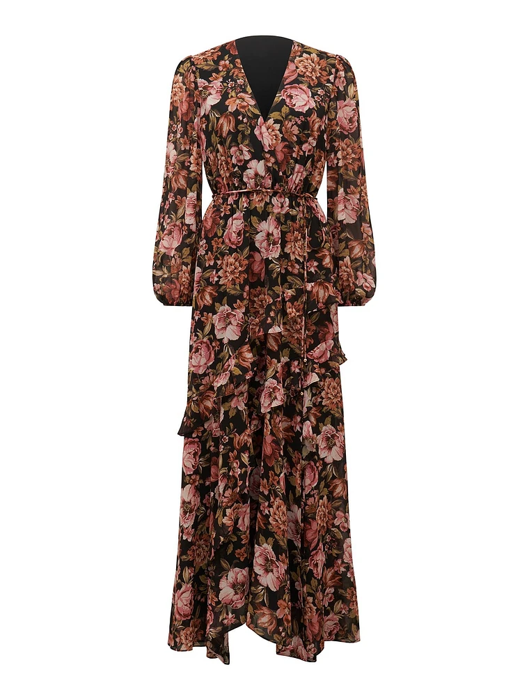 Maria Ruffle Maxi Dress Dark Floral Print - 0 to 12 Women's Day Dresses