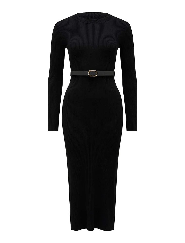 Hannah Petite Belted Midi Knit Dress Black - 0 to 12 Women's Dresses