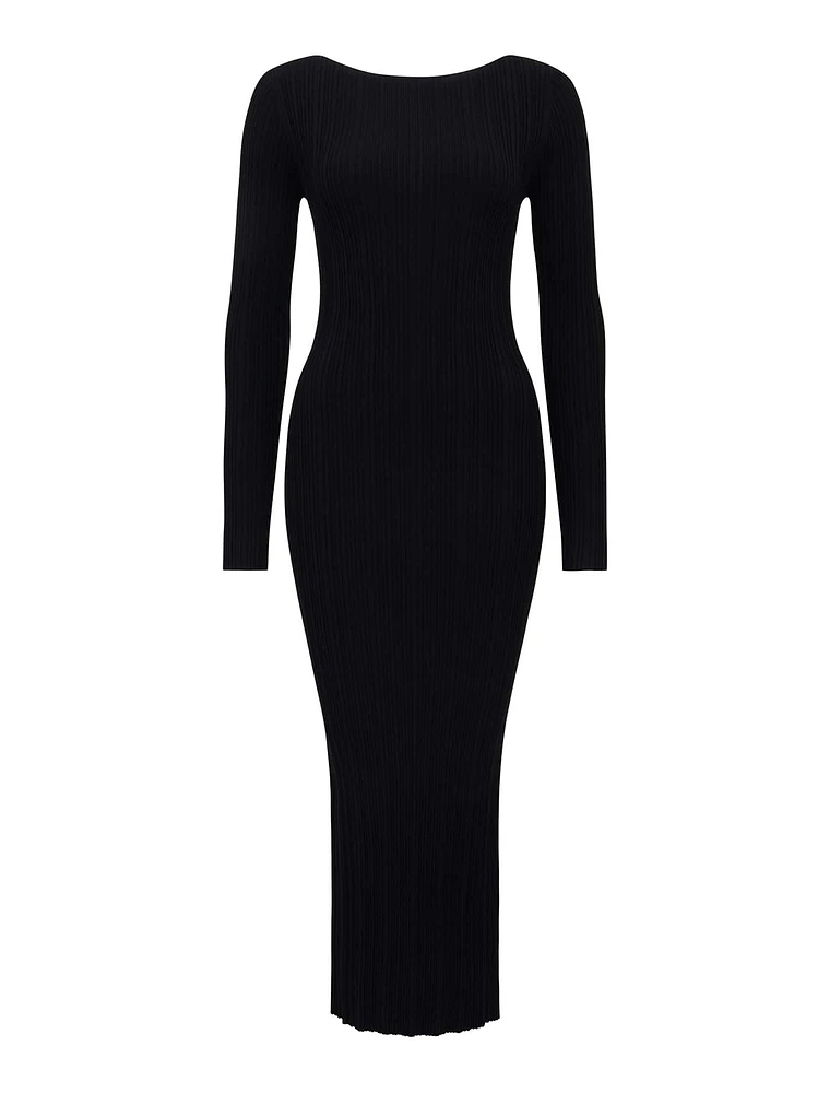 Evie Long-Sleeve Rib Knit Dress in Black - Size 0 to 12 - Women's Midi Dresses