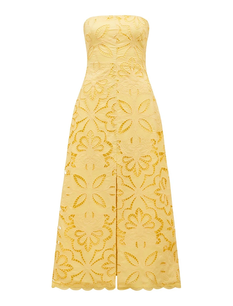 Daphne Broderie Strapless Midi Dress Yellow - 0 to 12 Women's Occasion Dresses