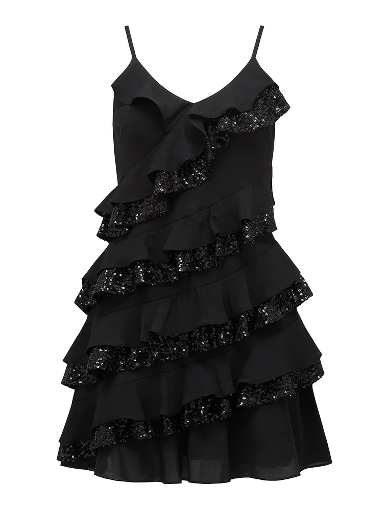 Bobby Sequin Ruffle Mini Dress Black - 0 to 12 Women's Evening Dresses