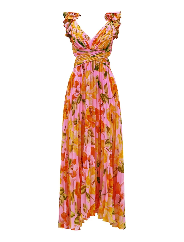 Selena Pleated Ruffle-Shoulder Maxi Dress Pink Floral - 0 to 12 Women's Occasion Dresses