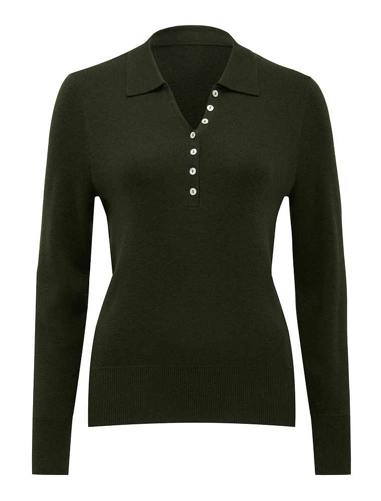 Olive Button-Through Polo Sweater
