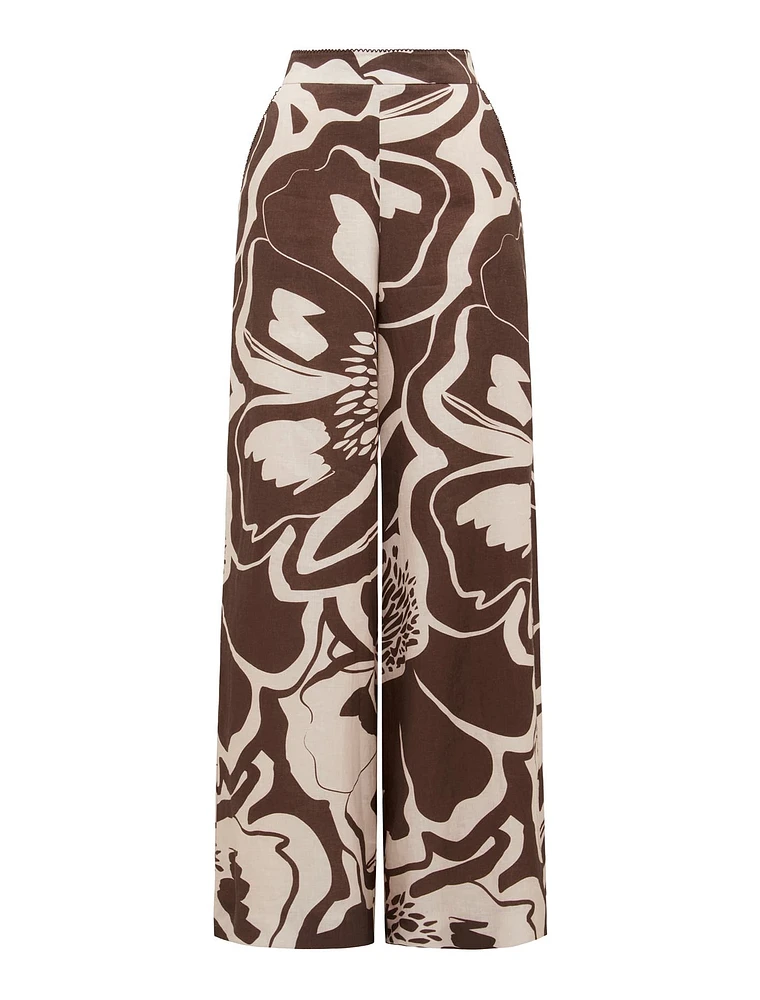 Ebony Wide-Leg Linen Pants Brown Abstract Print - 0 to 12 Women's