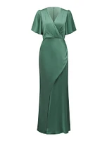 Chelsea Flutter-Sleeve Satin Maxi Dress