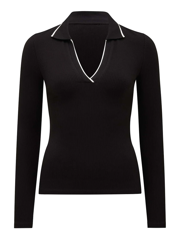 Reina Contrast Long-Sleeve Polo Top