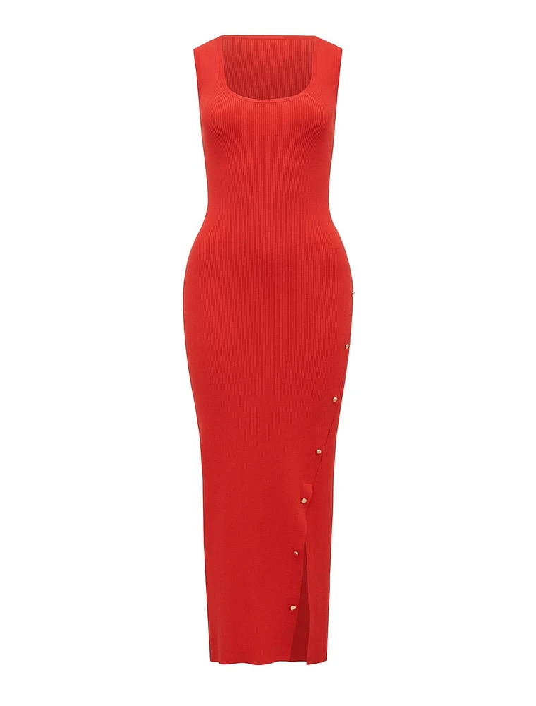 Chelsea Button Detail Midi Dress Red - 0 to 12 Women's Dresses