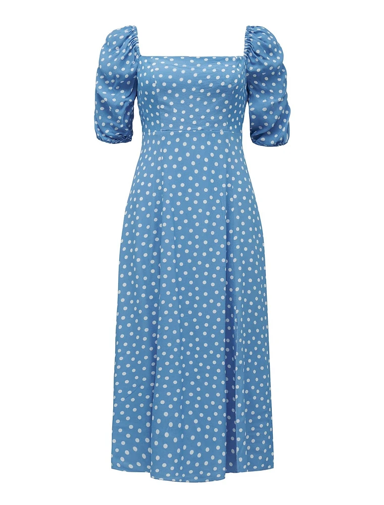 Hailee Petite Puff-Sleeve Midi Dress Blue Spot Print - 0 to 12 Women's Dresses