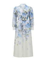 Peyton Petite Trim Detail Midi Dress Blue Floral Print - 0 to 12 Women's Dresses