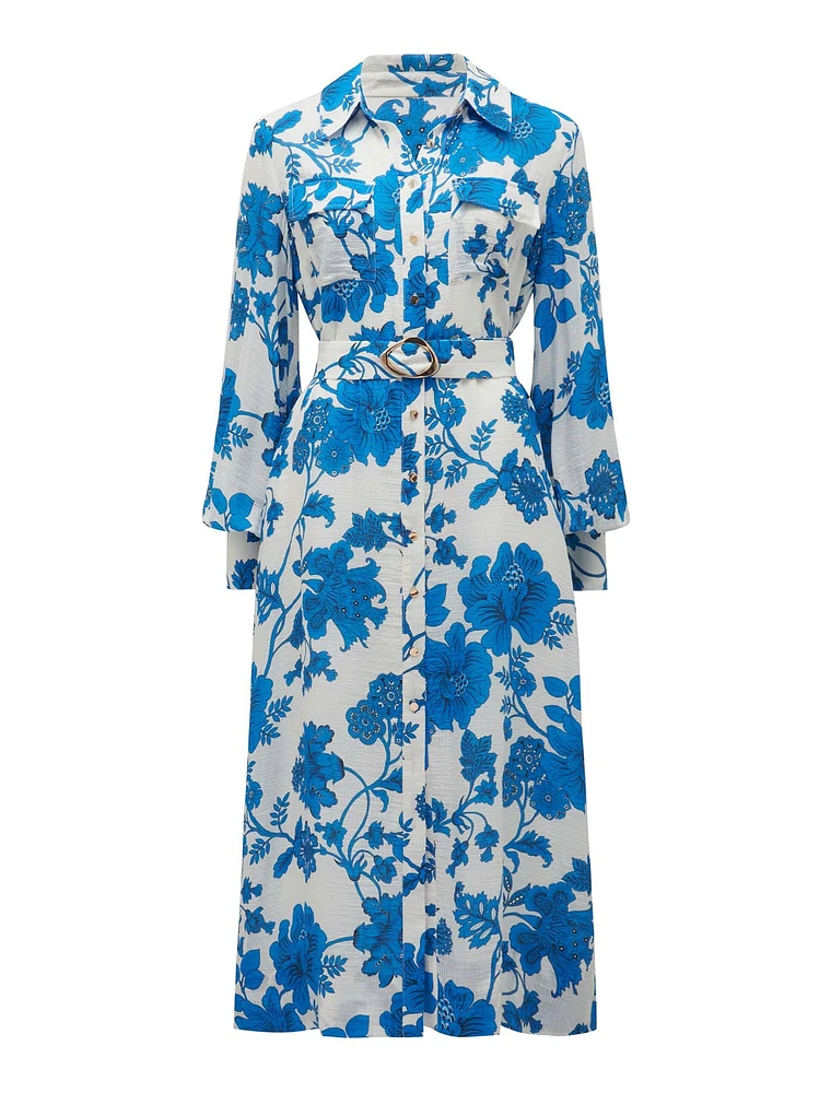 Janie Printed Midi Shirt Dress Blue/White Print - 0 to 12 Women's Day Dresses