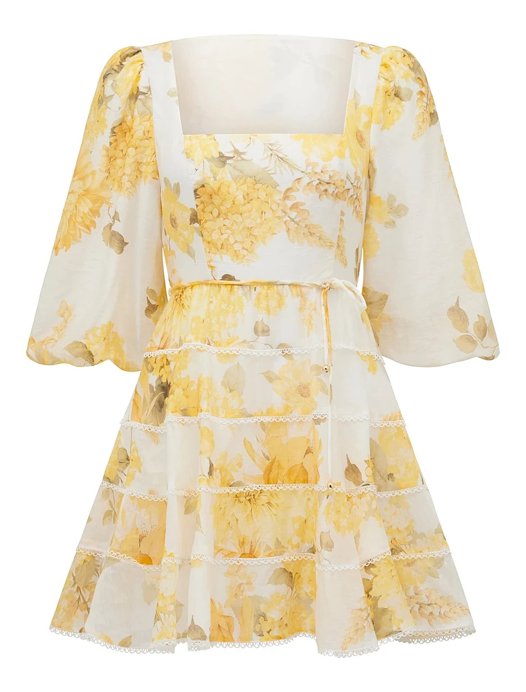 Esmie Petite Tiered Floral Skater Dress Yellow Print - 0 to 12 Women's Evening Dresses