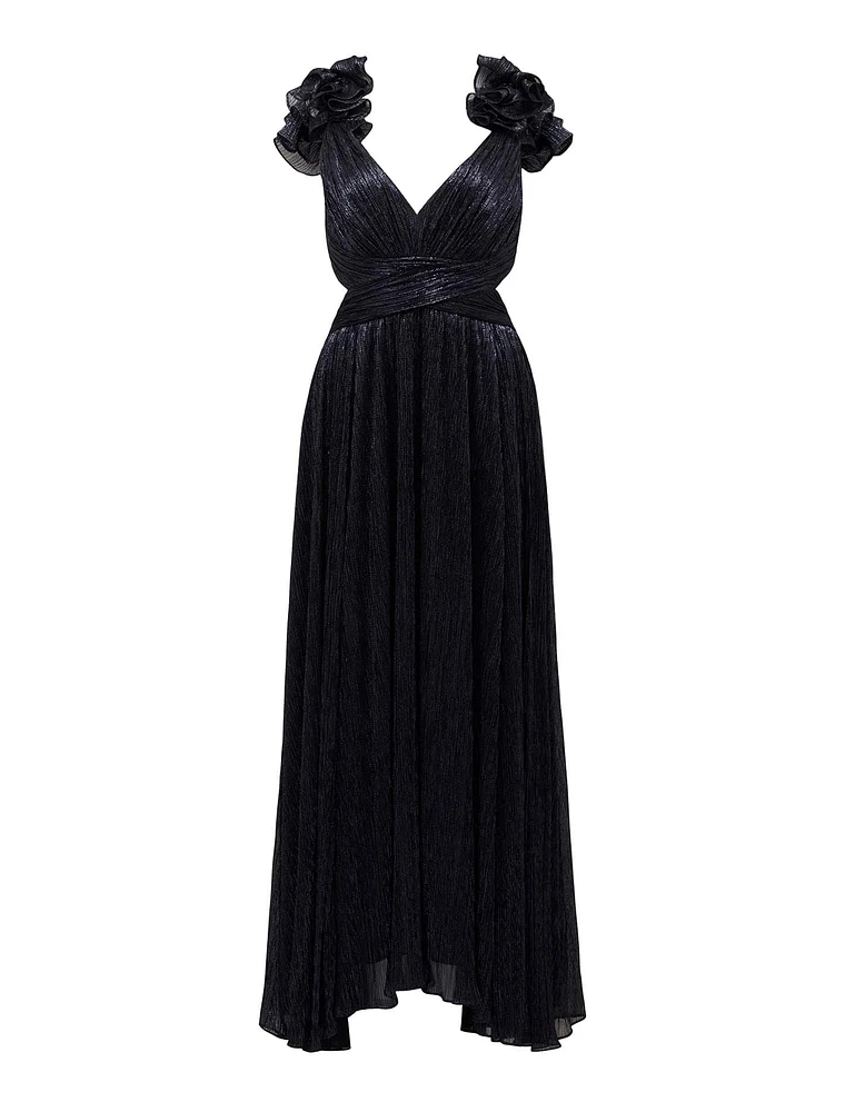 Selena Plisse Ruffle-Shoulder Maxi Dress Navy - 0 to 12 Women's Occasion Dresses