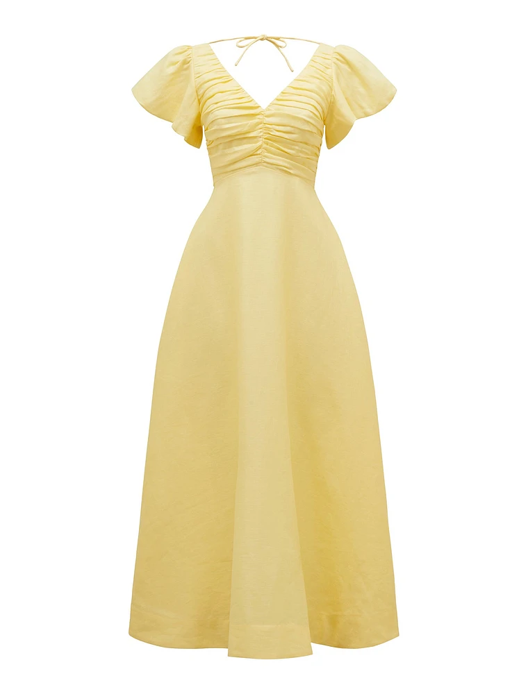 June Ruched Linen Midi Dress