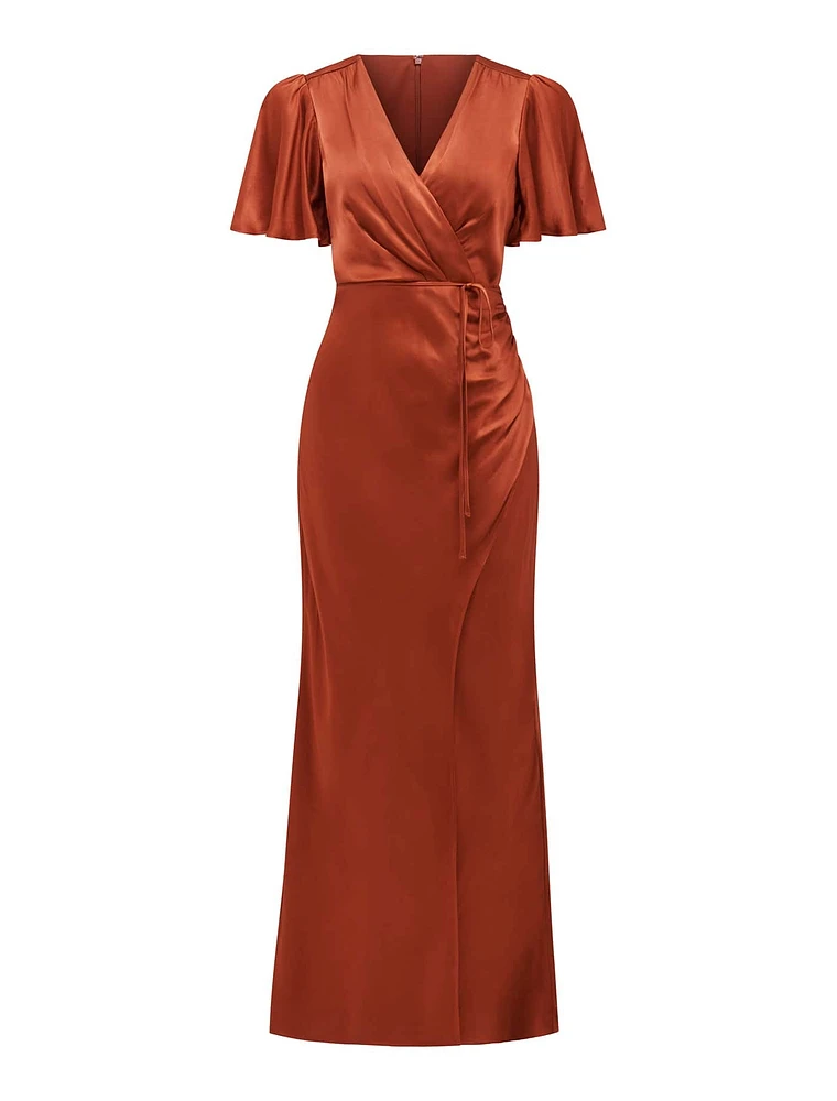 Chelsea Flutter-Sleeve Satin Maxi Dress