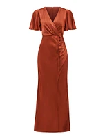 Chelsea Flutter-Sleeve Satin Maxi Dress