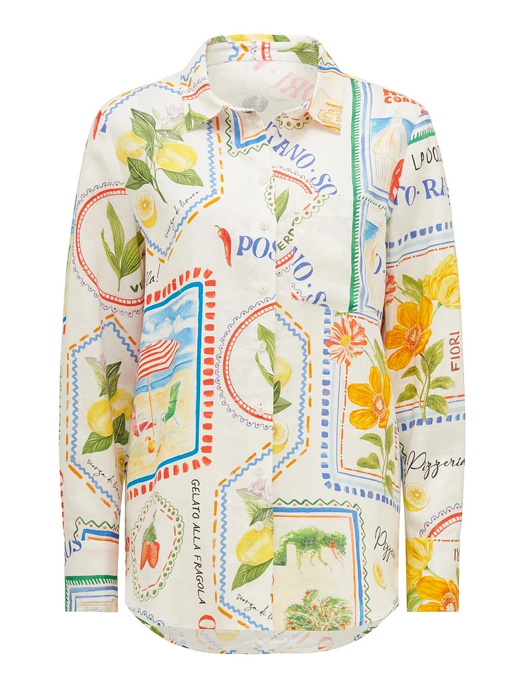 Lydia Oversized Linen Shirt White/Statement Print - 0 to 12 Women's Shirts