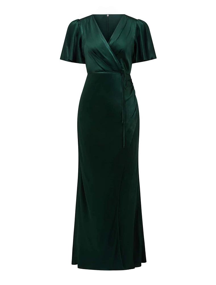 Chelsea Petite Flutter-Sleeve Satin Maxi Dress