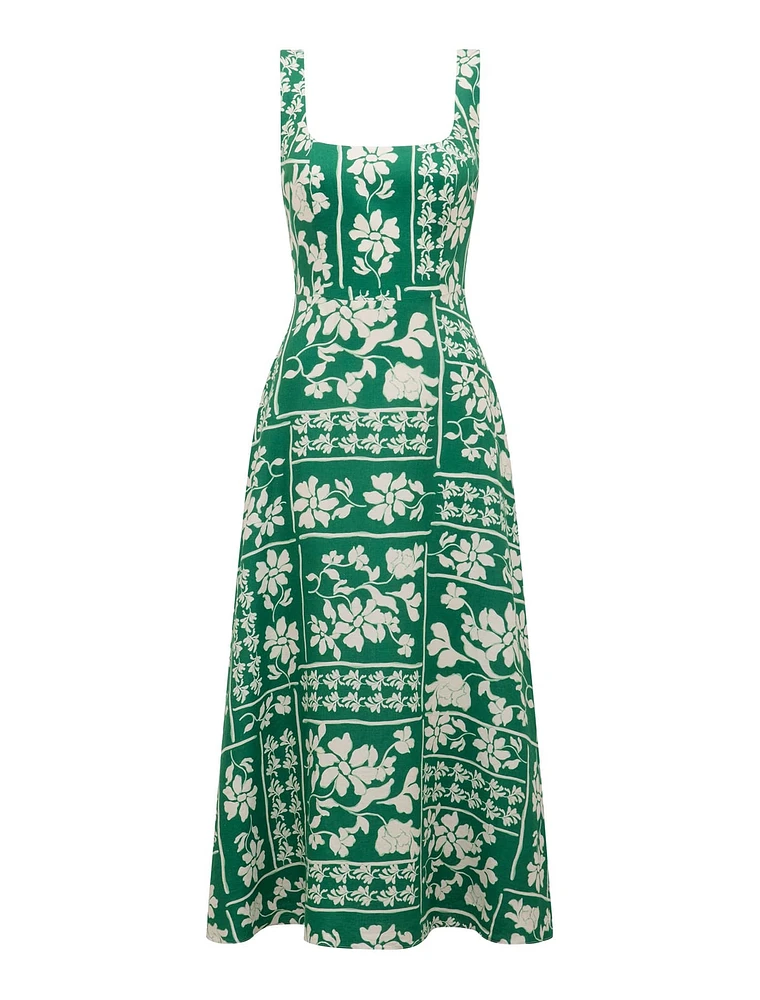 Tori Square-Neck Linen Midi Dress