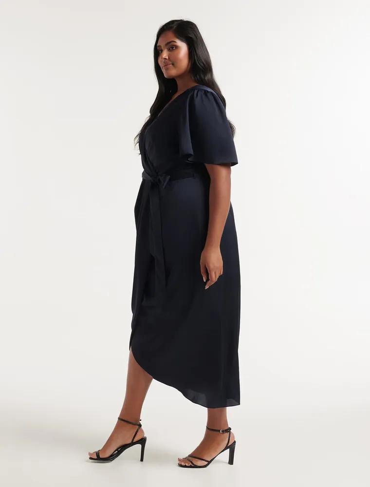 Plus Kimono Sleeve Wrap Over Midi Dress