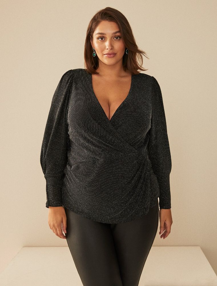 Posey Curve Wrap-Front Glitter Top