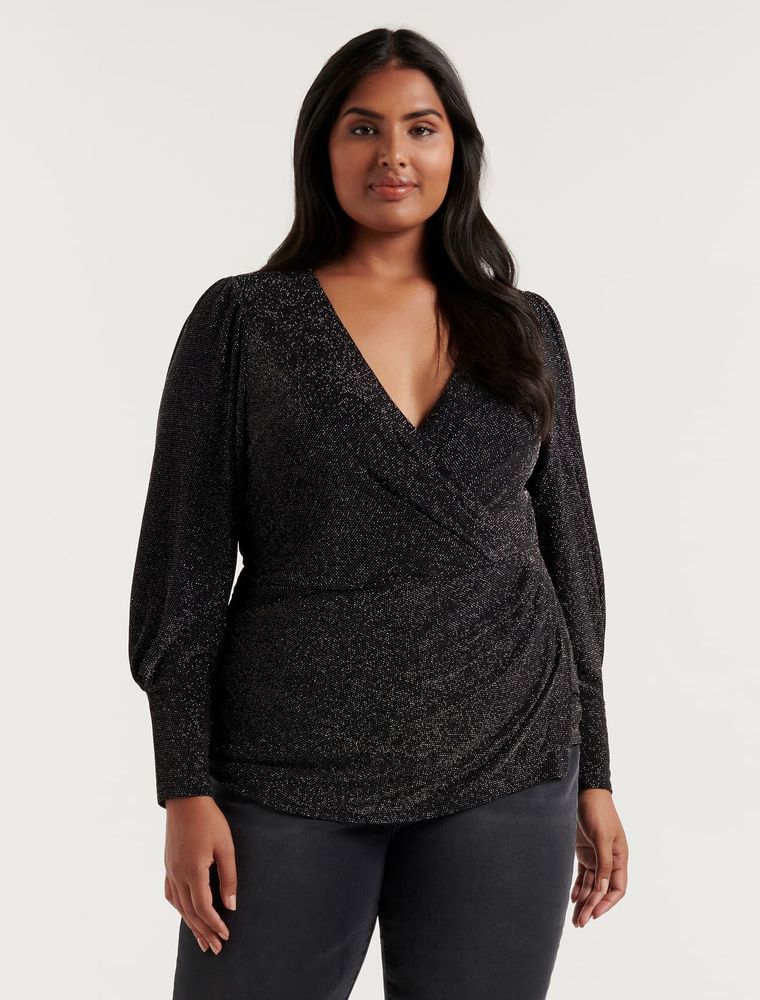 Posey Curve Wrap-Front Glitter Top