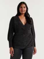 Posey Curve Wrap-Front Glitter Top