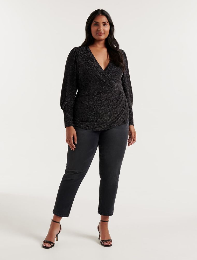 Posey Curve Wrap-Front Glitter Top