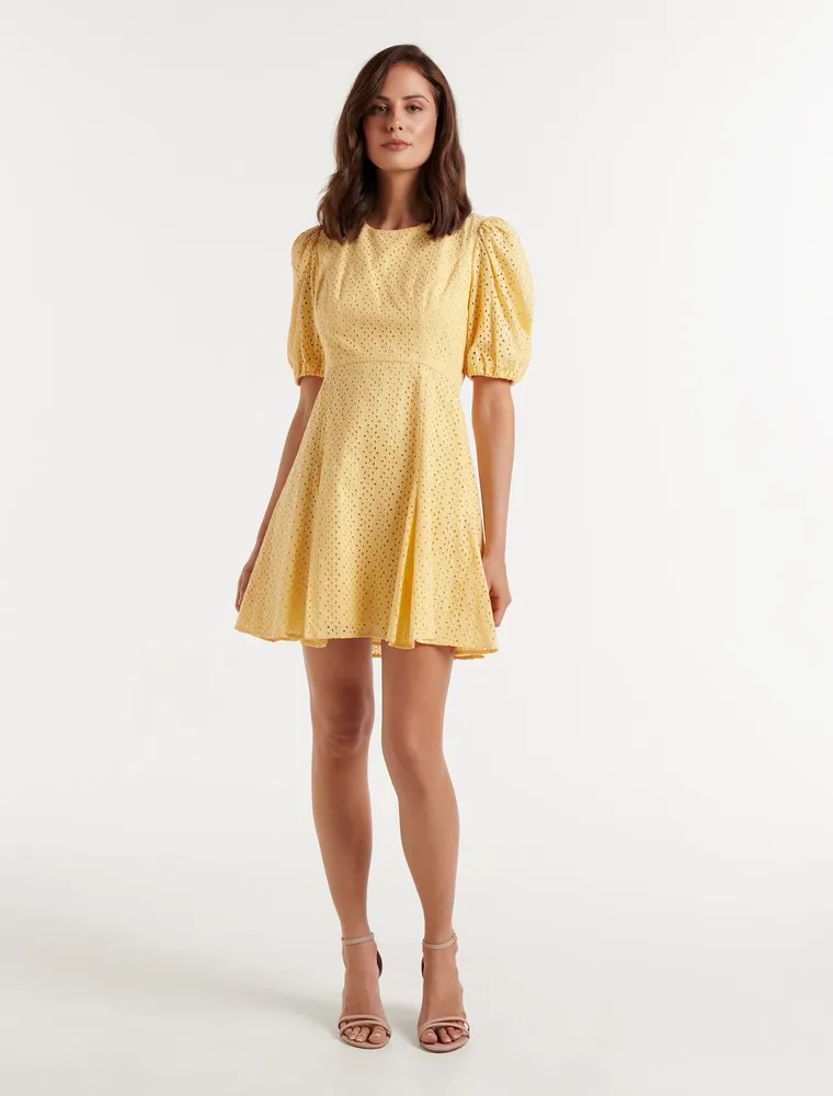 Jenny Broderie Mini Dress in Yellow - Size 0 to 12 - Women's Day Dresses